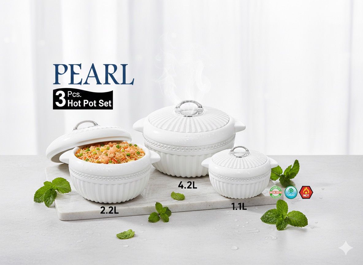 PEARL 3 PCS INSULATED HOT POT WHITE - SILVER (1.1L, 2.2L, 4.2L)